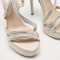 Pre Owned René Caovilla Beige Satin Lisa Crystals Platform Sandals Size 37