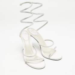 Pre Owned René Caovilla Silver Satin Crystal Embellished Cleo Sandals Size 40