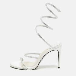 Pre Owned René Caovilla Silver Satin Crystal Embellished Cleo Sandals Size 40