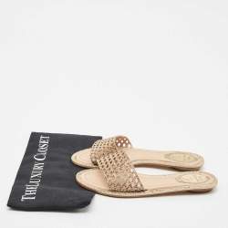 Pre Owned René Caovilla Beige Suede Crystal Embellished Flat Slides Size 37.5