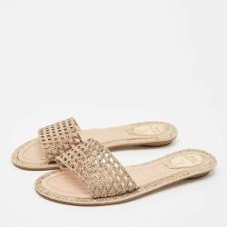 Pre Owned René Caovilla Beige Suede Crystal Embellished Flat Slides Size 37.5