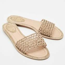 Pre Owned René Caovilla Beige Suede Crystal Embellished Flat Slides Size 37.5