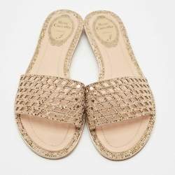 Pre Owned René Caovilla Beige Suede Crystal Embellished Flat Slides Size 37.5