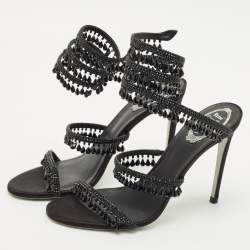 René Caovilla Black Satin Chandelier Ankle Strap Sandals Size 40