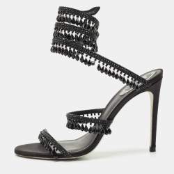 René Caovilla Black Satin Chandelier Ankle Strap Sandals Size 40