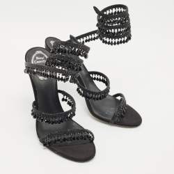 René Caovilla Black Satin Chandelier Ankle Strap Sandals Size 40