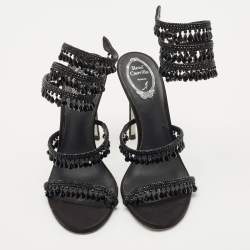 René Caovilla Black Satin Chandelier Ankle Strap Sandals Size 40