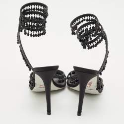 René Caovilla Black Satin Chandelier Ankle Strap Sandals Size 40