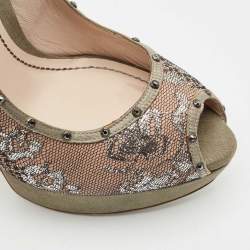 René Caovilla Multicolor Lace and Satin Crystal Embellished Platform Pumps Size 38