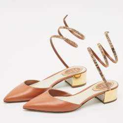 René Caovilla Brown Leather Crystal Embellished Ankle Wrap Pumps Size 37
