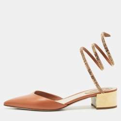 René Caovilla Brown Leather Crystal Embellished Ankle Wrap Pumps Size 37