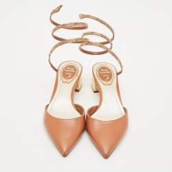 René Caovilla Brown Leather Crystal Embellished Ankle Wrap Pumps Size 37