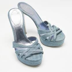 Pre Owned René Caovilla Blue Denim Strappy Platform Slide Sandals Size 37