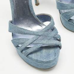 Pre Owned René Caovilla Blue Denim Strappy Platform Slide Sandals Size 37