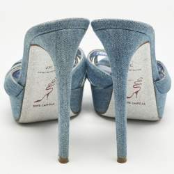 Pre Owned René Caovilla Blue Denim Strappy Platform Slide Sandals Size 37
