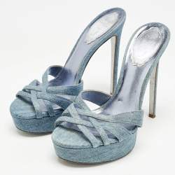 Pre Owned René Caovilla Blue Denim Strappy Platform Slide Sandals Size 37