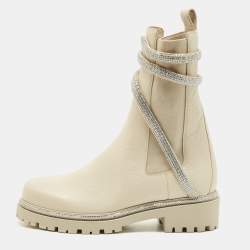 René Caovilla Ivory Leather Cleo Ankle Length Boots Size 39