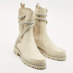 René Caovilla Ivory Leather Cleo Ankle Length Boots Size 39