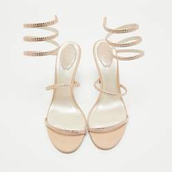 René Caovilla Beige Leather Crystal Embellished Cleo Sandals Size 40.5