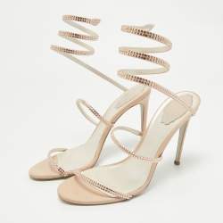 René Caovilla Beige Leather Crystal Embellished Cleo Sandals Size 40.5