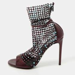 Rene Caovilla Metalic Purple Texture Leather And Lace Crystal Embellished Galaxia Booties Size 38