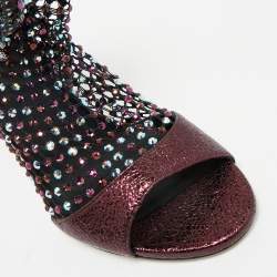 Rene Caovilla Metalic Purple Texture Leather And Lace Crystal Embellished Galaxia Booties Size 38