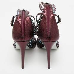 Rene Caovilla Metalic Purple Texture Leather And Lace Crystal Embellished Galaxia Booties Size 38