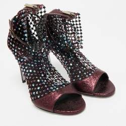 Rene Caovilla Metalic Purple Texture Leather And Lace Crystal Embellished Galaxia Booties Size 38
