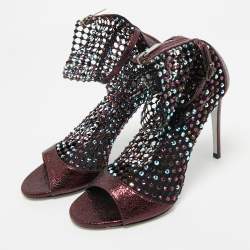 Rene Caovilla Metalic Purple Texture Leather And Lace Crystal Embellished Galaxia Booties Size 38