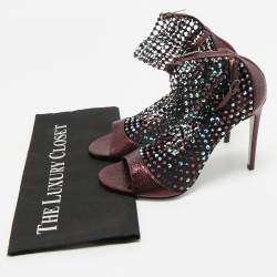 Rene Caovilla Metalic Purple Texture Leather And Lace Crystal Embellished Galaxia Booties Size 38