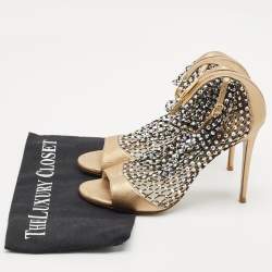 Pre Owned Rene Caovilla Gold/Black Mesh and Leather Crystal Embellished Galaxia Boots Size 38