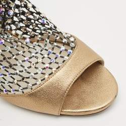 Pre Owned Rene Caovilla Gold/Black Mesh and Leather Crystal Embellished Galaxia Boots Size 38