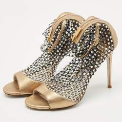 Pre Owned Rene Caovilla Gold/Black Mesh and Leather Crystal Embellished Galaxia Boots Size 38