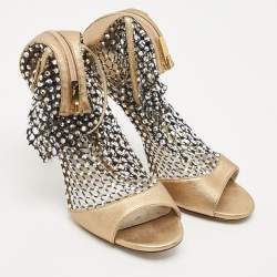 Pre Owned Rene Caovilla Gold/Black Mesh and Leather Crystal Embellished Galaxia Boots Size 38