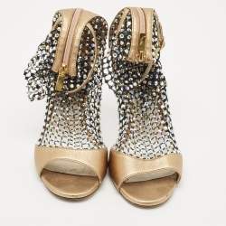 Pre Owned Rene Caovilla Gold/Black Mesh and Leather Crystal Embellished Galaxia Boots Size 38