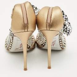 Pre Owned Rene Caovilla Gold/Black Mesh and Leather Crystal Embellished Galaxia Boots Size 38