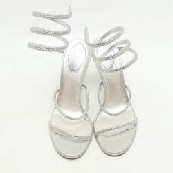 مملوكة مسبقًا صندل رينيه كوفيلا كليو جلد فضي ميتال سير كاحل مرصع كريستال مقاس 39.5