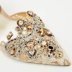 Rene Caovilla Beige Lace and Leather Crystal Embellished Slingback Pumps Size 41