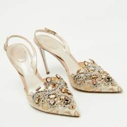 Rene Caovilla Beige Lace and Leather Crystal Embellished Slingback Pumps Size 41