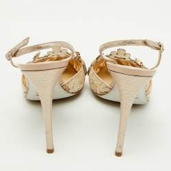 Rene Caovilla Beige Lace and Leather Crystal Embellished Slingback Pumps Size 41