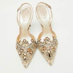 Rene Caovilla Beige Lace and Leather Crystal Embellished Slingback Pumps Size 41