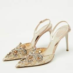 Rene Caovilla Beige Lace and Leather Crystal Embellished Slingback Pumps Size 41