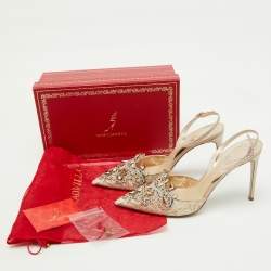 Rene Caovilla Beige Lace and Leather Crystal Embellished Slingback Pumps Size 41