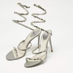 Pre Owned صندل رينيه كوفيلا كليو جلد فضي ميتال سير كاحل مرصع كريستال مقاس 39.5