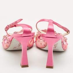 Pre Owned René Caovilla Pink Lace Crystal Embellished Ankle Strap Sandals Size 37