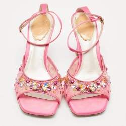 Pre Owned René Caovilla Pink Lace Crystal Embellished Ankle Strap Sandals Size 37