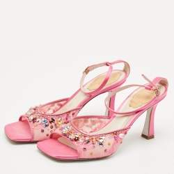 Pre Owned René Caovilla Pink Lace Crystal Embellished Ankle Strap Sandals Size 37