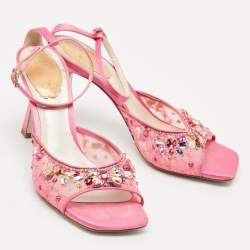 Pre Owned René Caovilla Pink Lace Crystal Embellished Ankle Strap Sandals Size 37