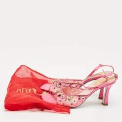 Pre Owned René Caovilla Pink Lace Crystal Embellished Ankle Strap Sandals Size 37