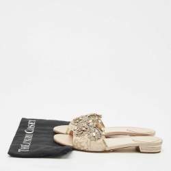 Pre Owned René Caovilla Beige Lace Crystals Embellished Flat Slides Size 39